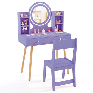 Wooden Kids Vanity Set, Princess Dressing Table and Chair Set with 2-Color Front Lit Mirror