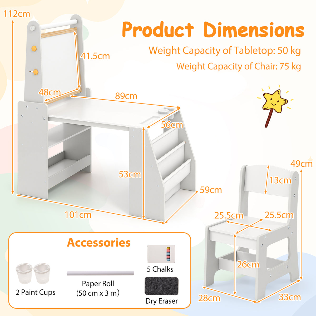 Kids Art Table and Chair Set, Multifunctional Kids Activity w/ Easel & Chair