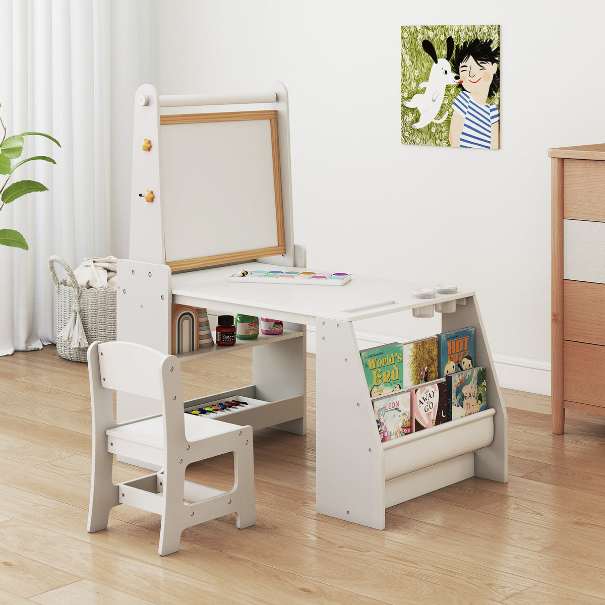Kids Art Table and Chair Set, Multifunctional Kids Activity w/ Easel & Chair