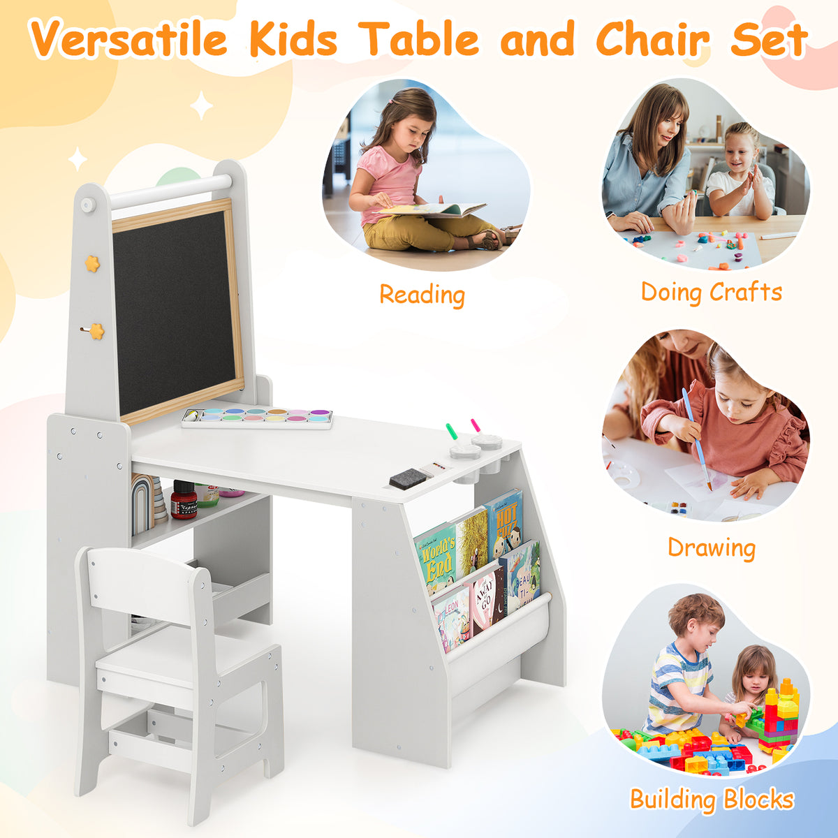Kids Art Table and Chair Set, Multifunctional Kids Activity w/ Easel & Chair