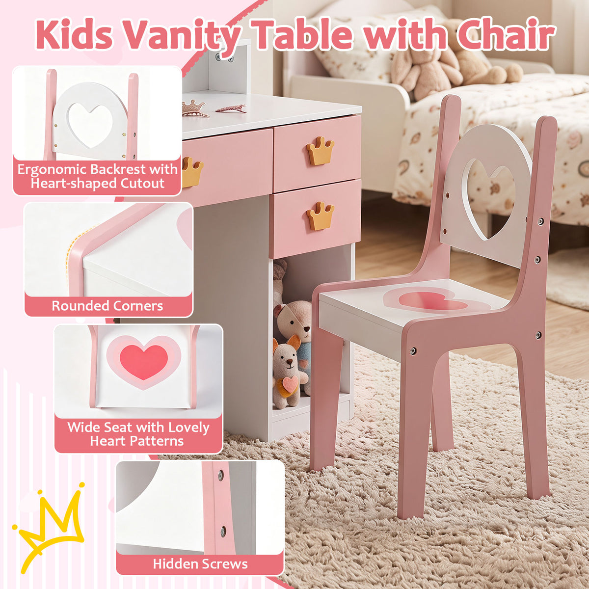 Kids Vanity Set with Crown Mirror & Chair for Girls