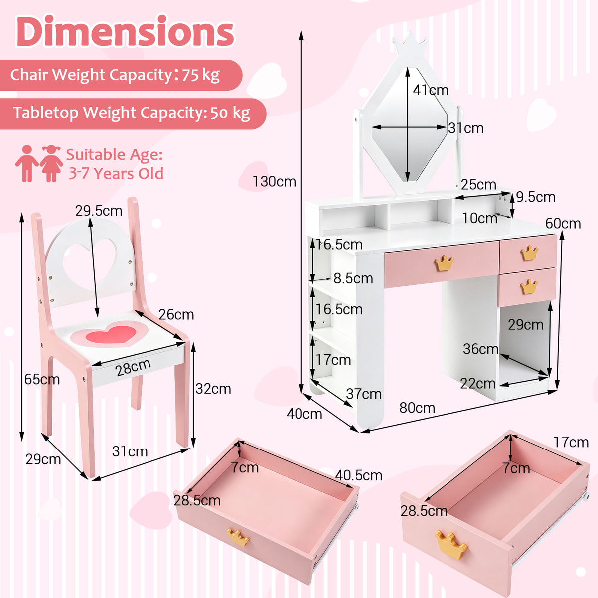 Kids Vanity Set with Crown Mirror & Chair for Girls