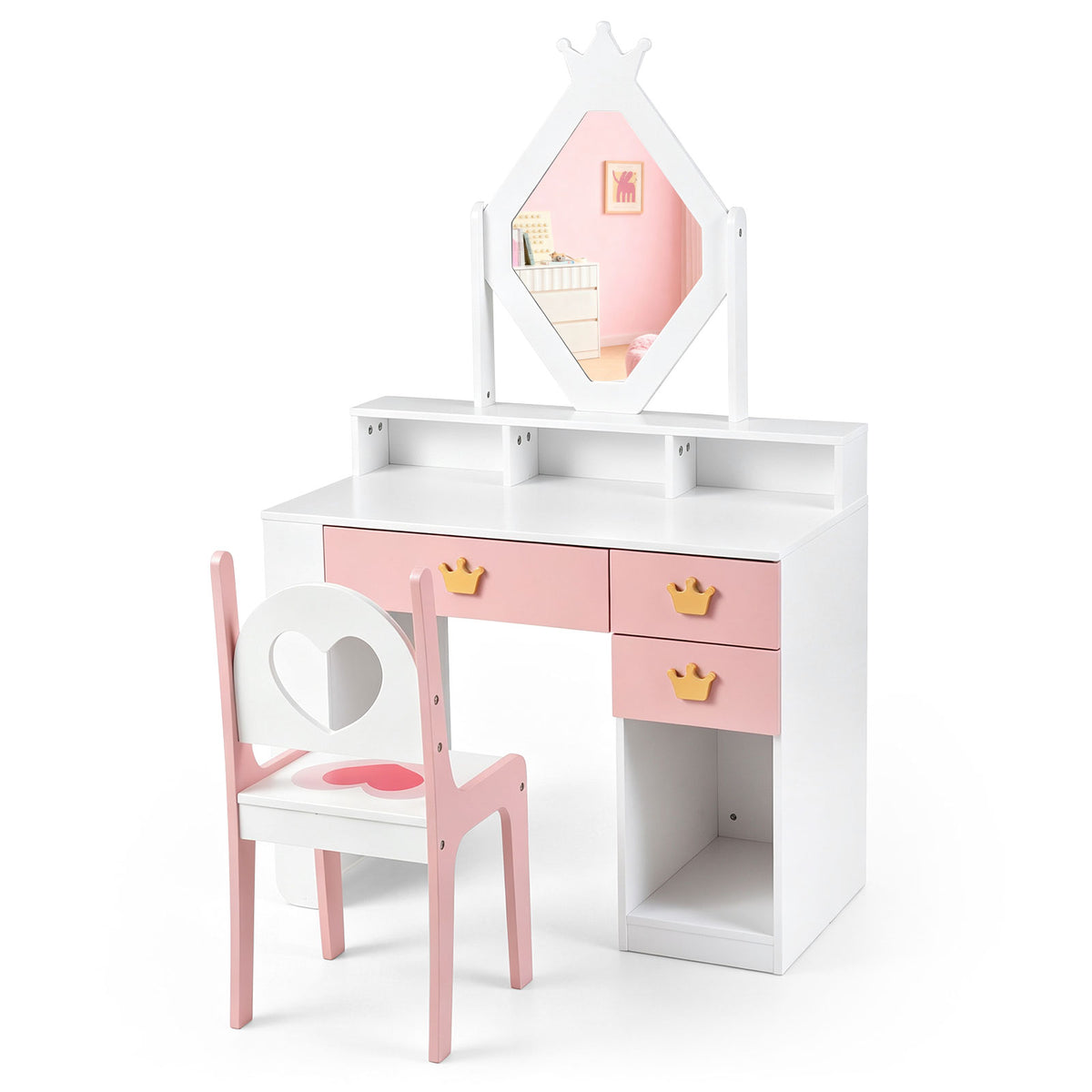 Kids Vanity Set with Crown Mirror & Chair for Girls