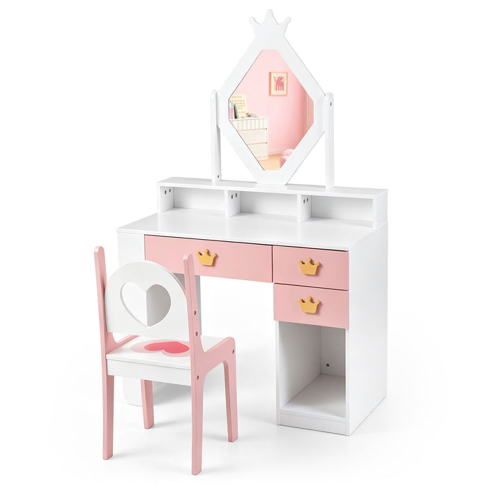 Kids Vanity Set with Crown Mirror & Chair for Girls