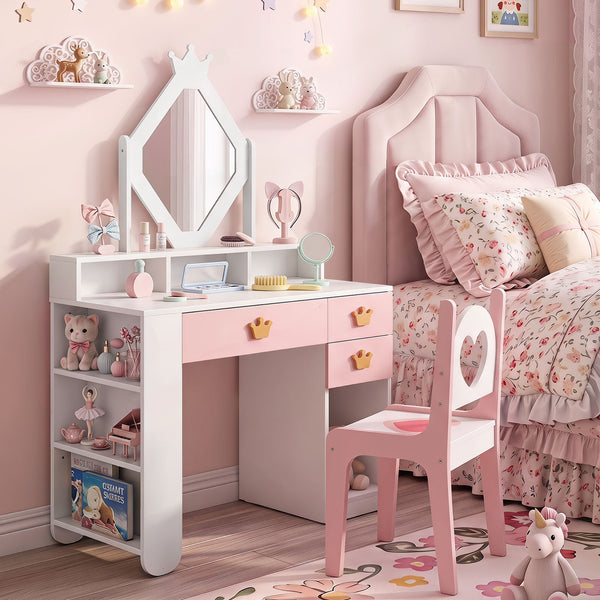 Kids Vanity Set with Crown Mirror & Chair for Girls