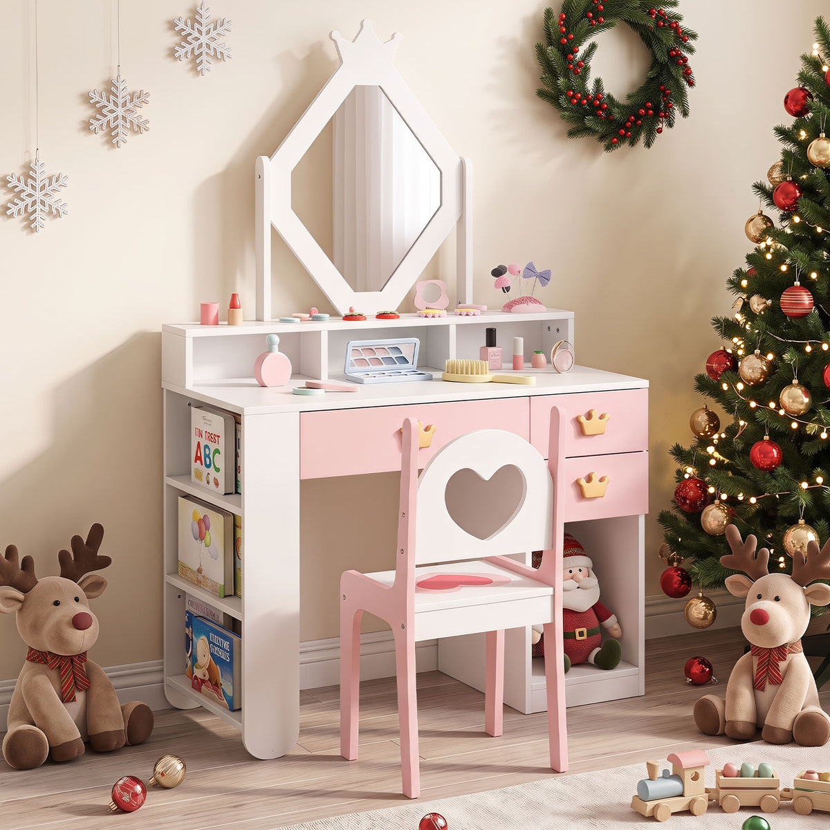 Kids Vanity Set with Crown Mirror & Chair for Girls