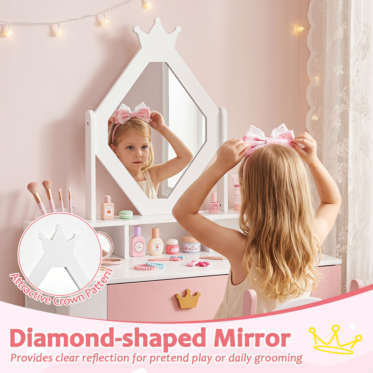 Kids Vanity Set with Crown Mirror & Chair for Girls
