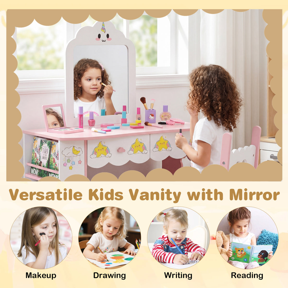 Princess Girls Makeup Table with Mirror and Chair