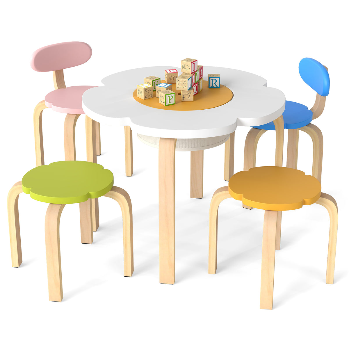Flower-shaped Children Table Set with 4 Colorful Chairs and Stools