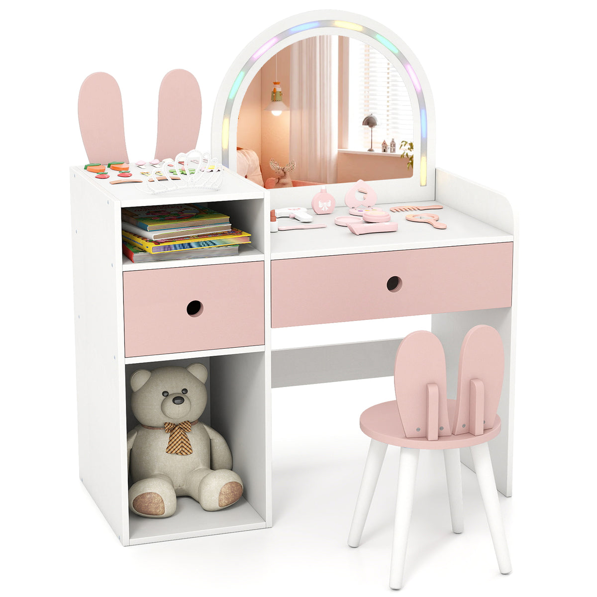 Kids Vanity Desk with Lights Princess Bunny Makeup Table with Lighted Mirror