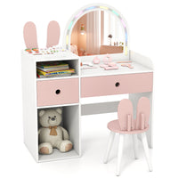 Kids Vanity Desk with Lights Princess Bunny Makeup Table with Lighted Mirror