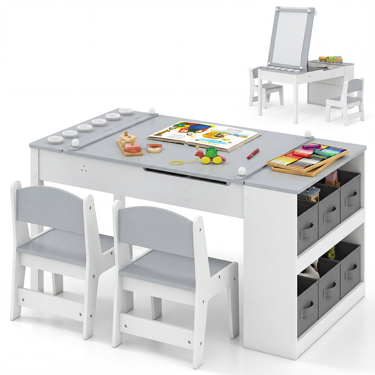 Kids Table and Chairs Set, 2 in 1 Wooden Art Table & Easel Set for Children with 2 Chairs