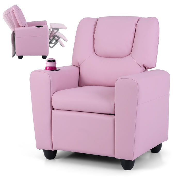 Kids Recliner Chair, PU Leather Push Back Toddler Sofa with Cup Holder