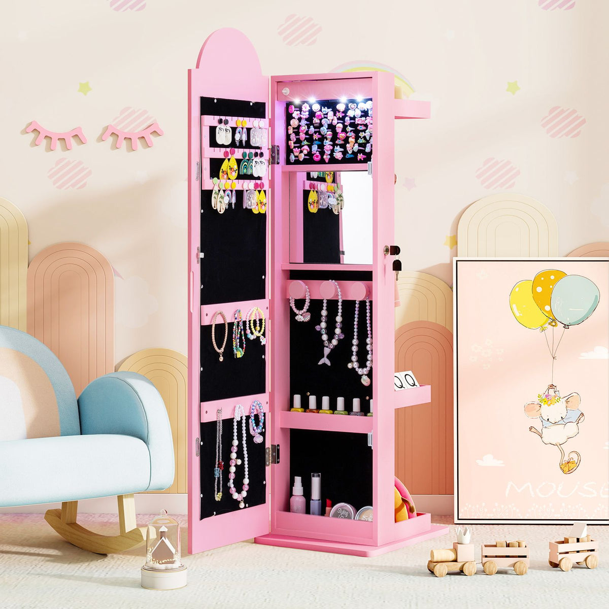 Kids Jewelry Cabinet with Lights with Full-Length Mirror