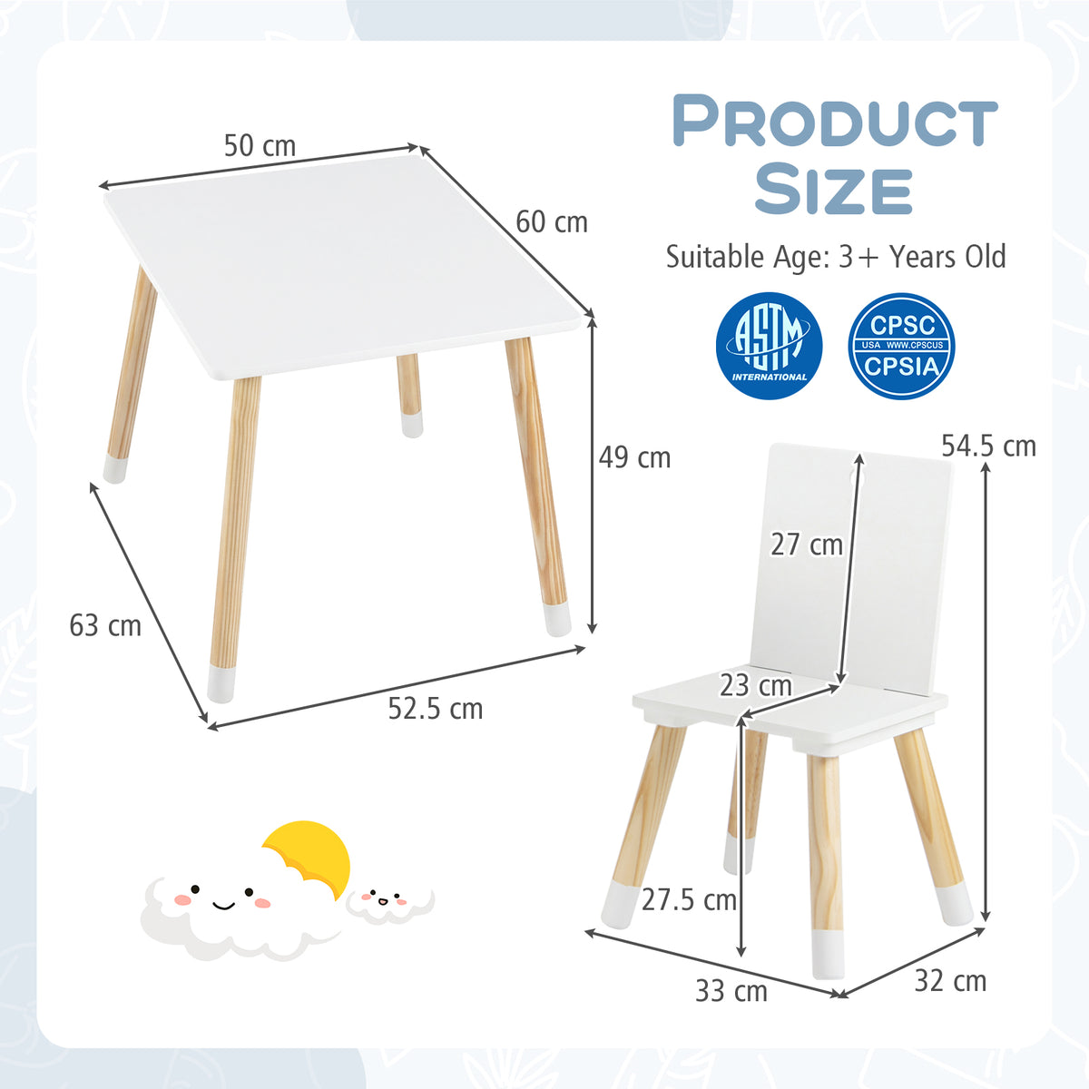 Kids Table and 2 Chairs Set, w/ Pine Wood Legs, Children Activity Table Set