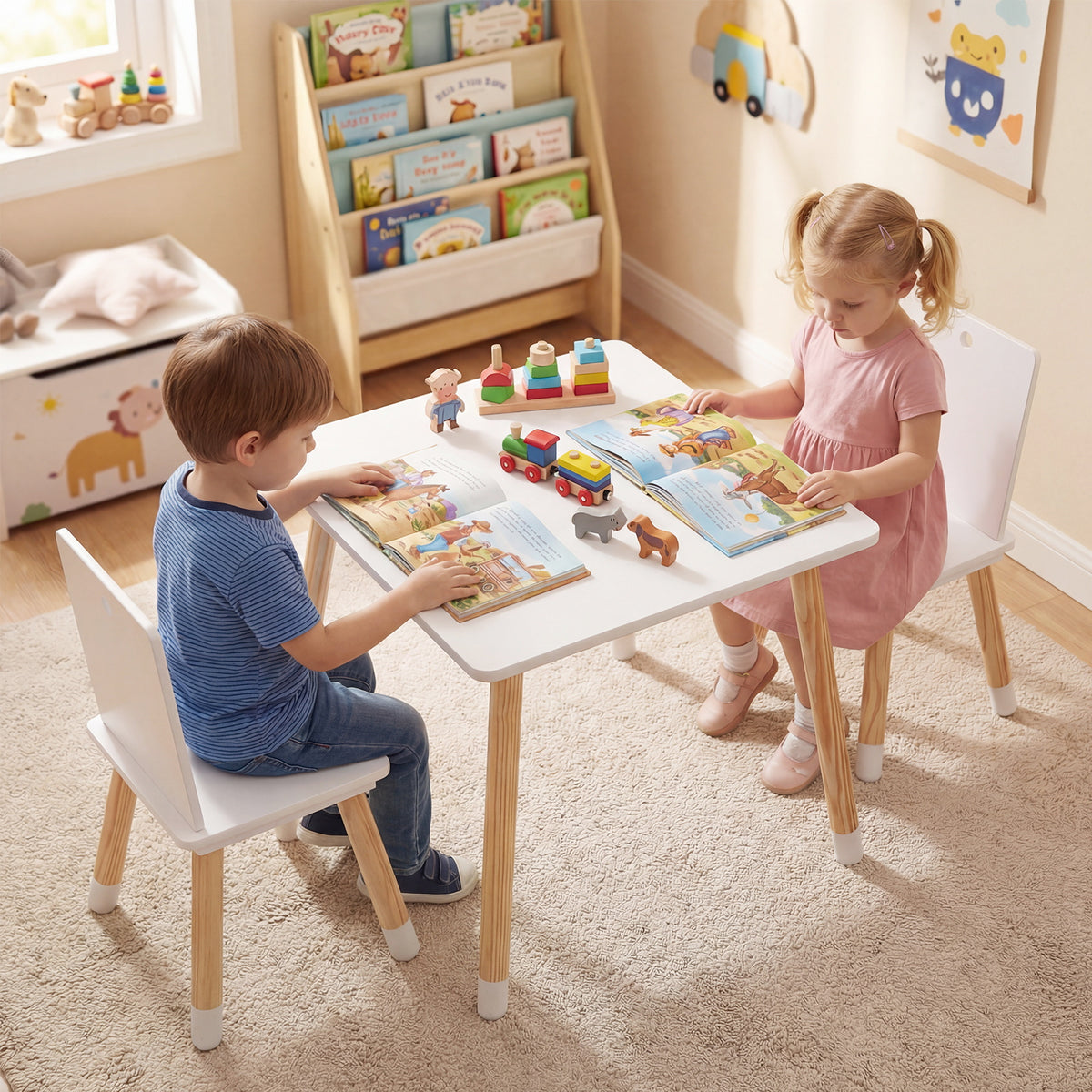 Kids Table and 2 Chairs Set, w/ Pine Wood Legs, Children Activity Table Set