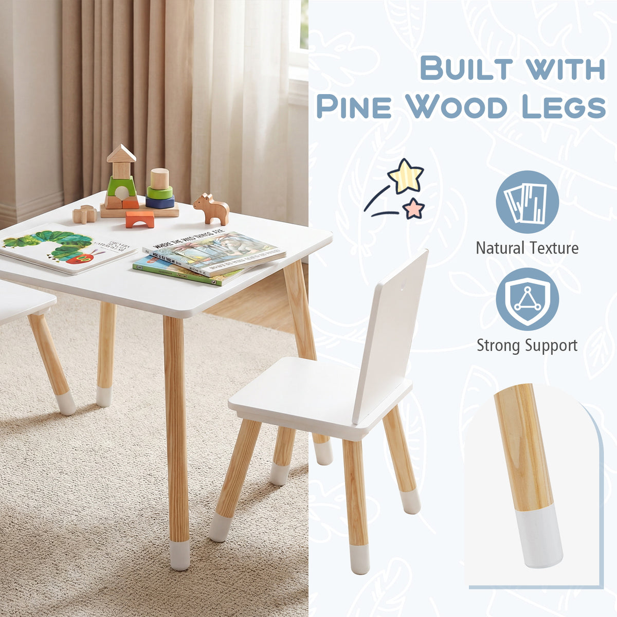 Kids Table and 2 Chairs Set, w/ Pine Wood Legs, Children Activity Table Set