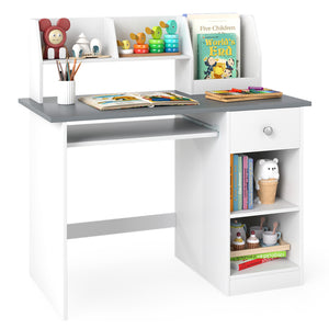 Kids Study Desk, Children Writing Table w/Hutch, Drawer, Storage Shelves & Keyboard Tray