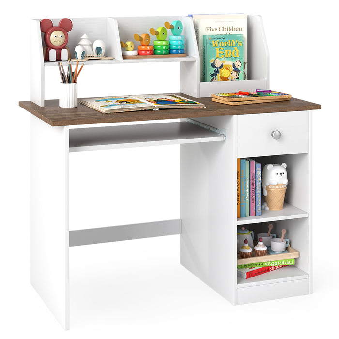 Kids Study Desk, Children Writing Table w/Hutch, Drawer, Storage Shelves & Keyboard Tray