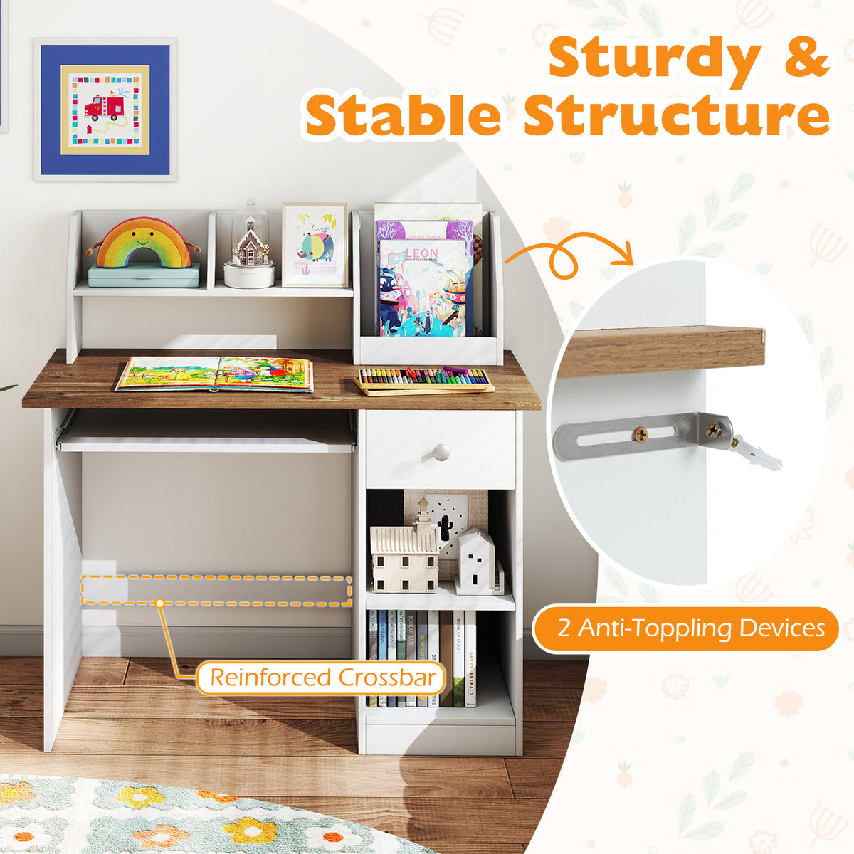 Kids Study Desk, Children Writing Table w/Hutch, Drawer, Storage Shelves & Keyboard Tray