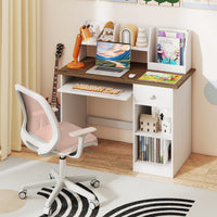 Kids Study Desk, Children Writing Table w/Hutch, Drawer, Storage Shelves & Keyboard Tray