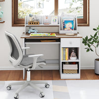 Kids Study Desk, Children Writing Table w/Hutch, Drawer, Storage Shelves & Keyboard Tray
