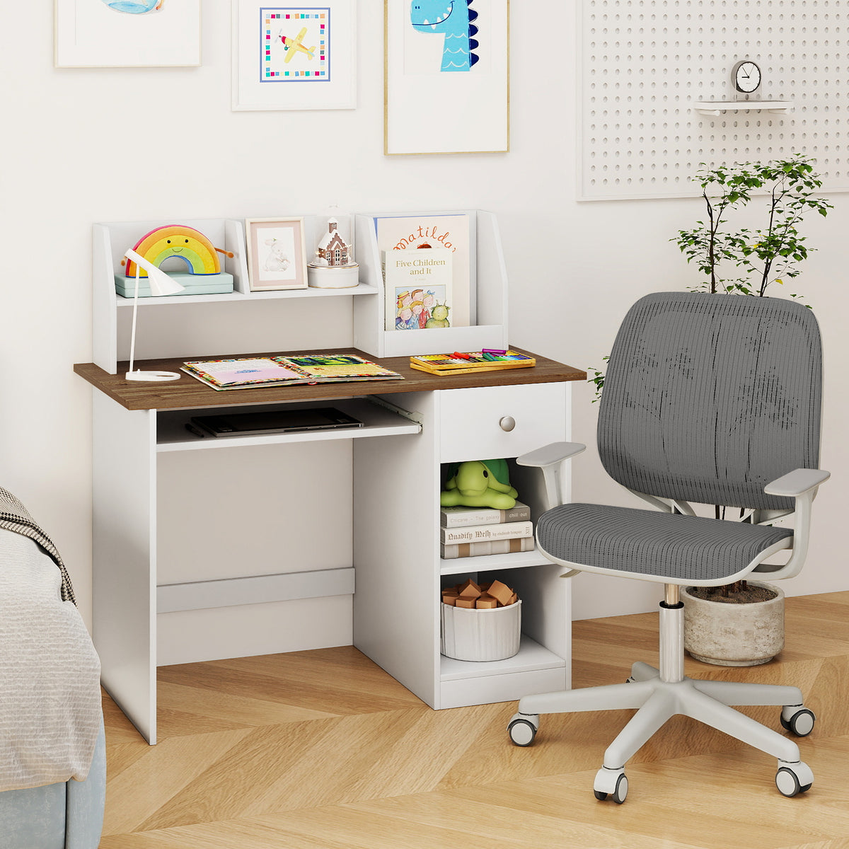 Kids Study Desk, Children Writing Table w/Hutch, Drawer, Storage Shelves & Keyboard Tray