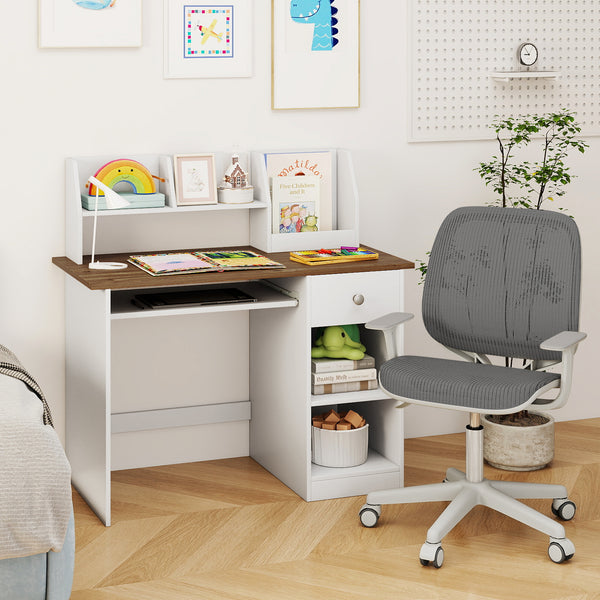 Kids Study Desk, Children Writing Table w/Hutch, Drawer, Storage Shelves & Keyboard Tray