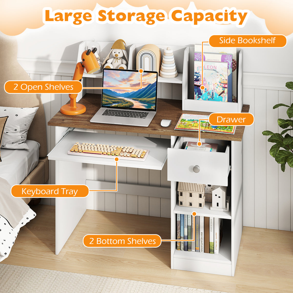 Kids Study Desk, Children Writing Table w/Hutch, Drawer, Storage Shelves & Keyboard Tray