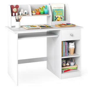Kids Study Desk, Children Writing Table w/Hutch, Drawer, Storage Shelves & Keyboard Tray