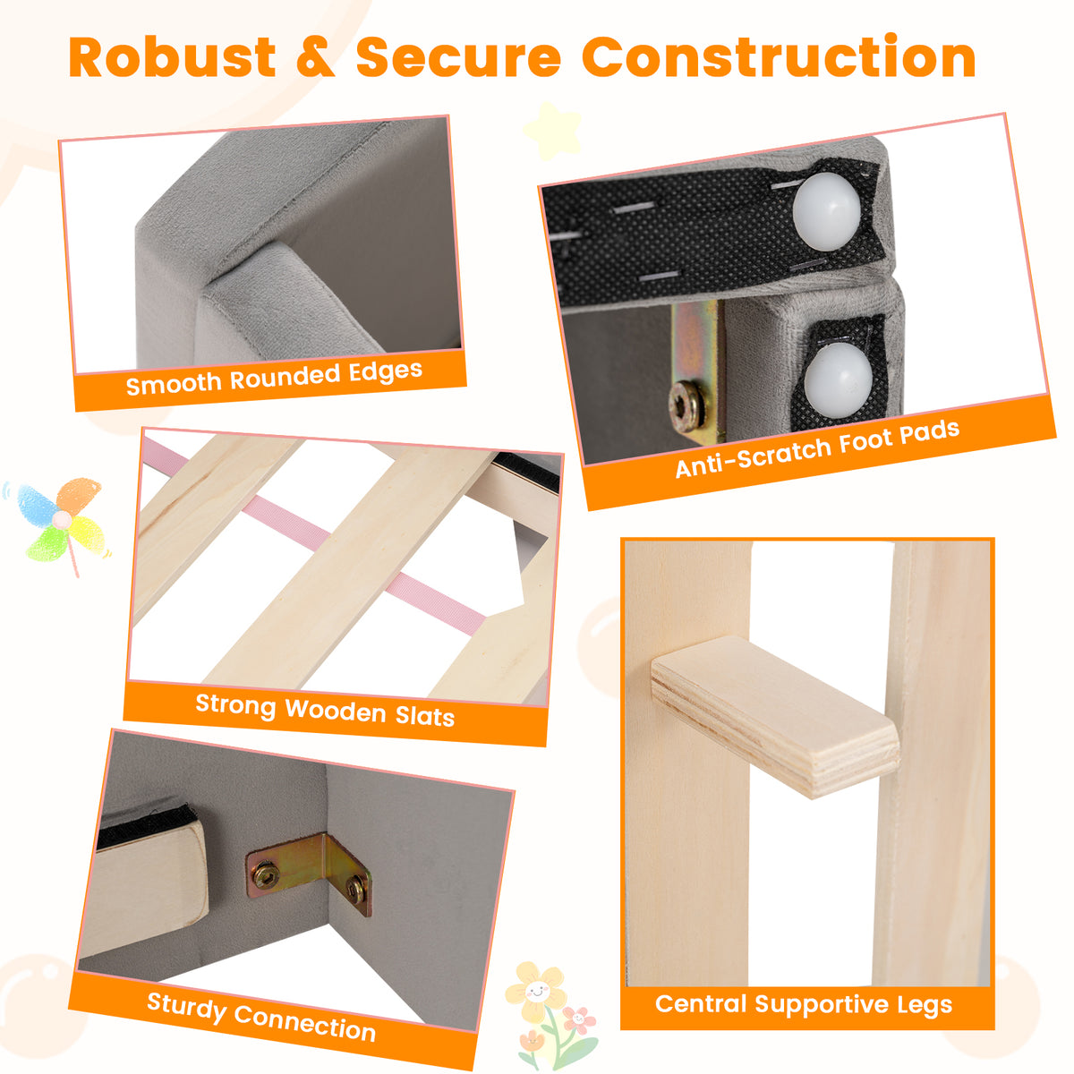 Velvet Fabric Children Floor Bed with Safety Rails and Headboard