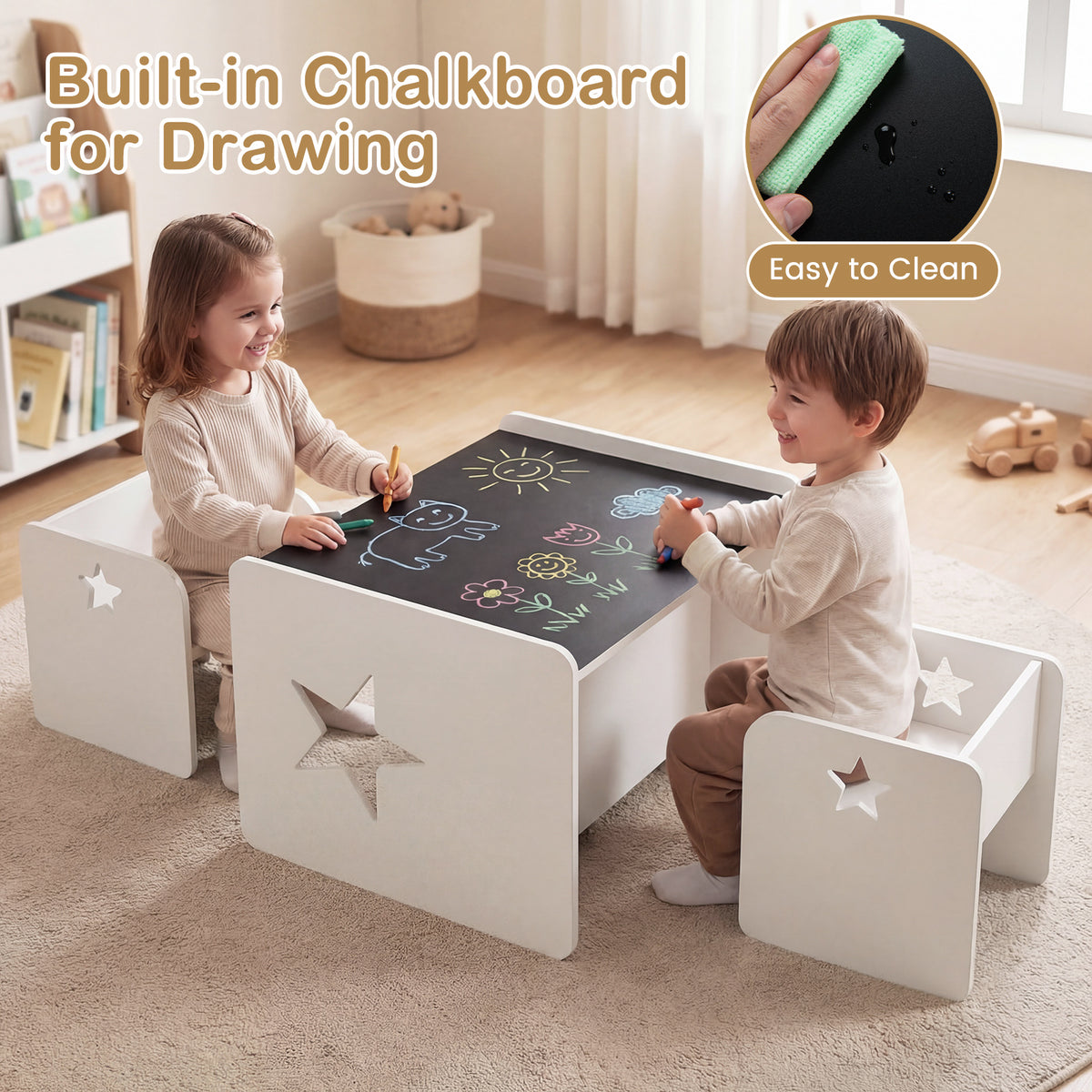 3 Pieces Kids Table and Chair Set with Chalkboard and 2 Chairs