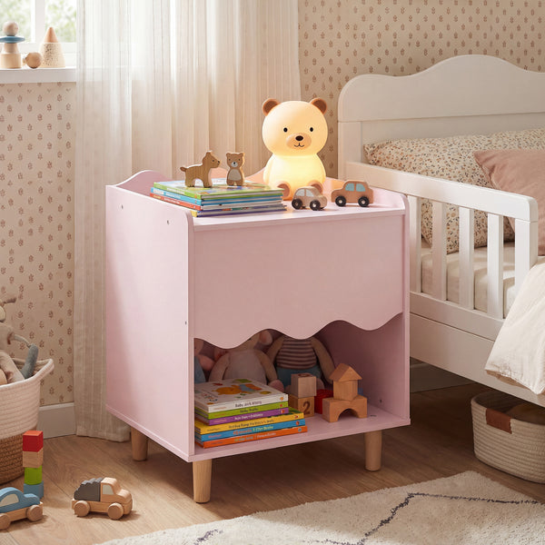 Kids Bedside Table, Toddler Nightstand with Wide Top & Open Compartment, Solid Rubber Wood Legs