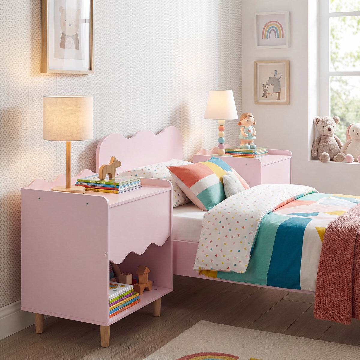 Kids Bedside Table, Toddler Nightstand with Wide Top & Open Compartment, Solid Rubber Wood Legs