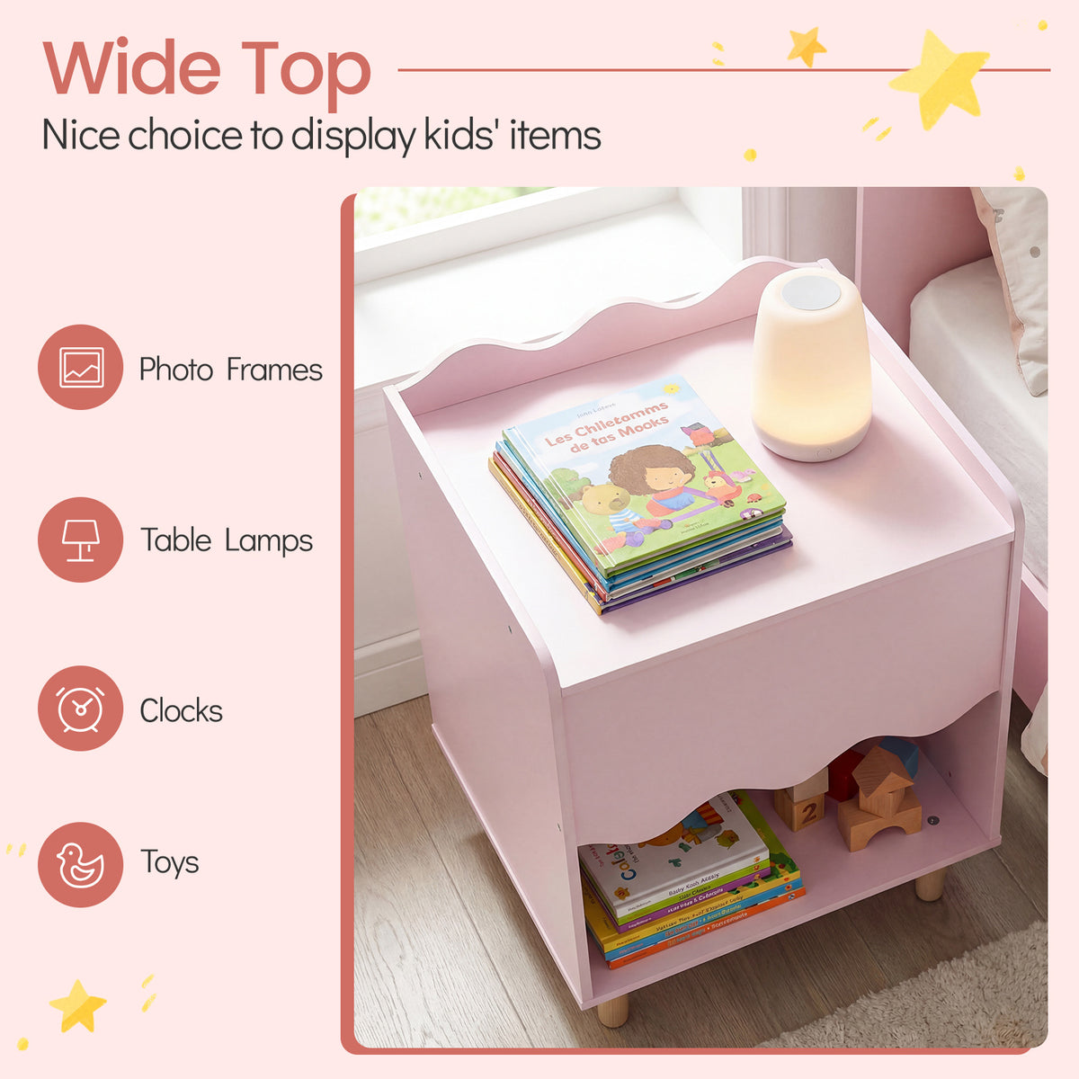 Kids Bedside Table, Toddler Nightstand with Wide Top & Open Compartment, Solid Rubber Wood Legs