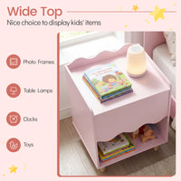 Kids Bedside Table, Toddler Nightstand with Wide Top & Open Compartment, Solid Rubber Wood Legs