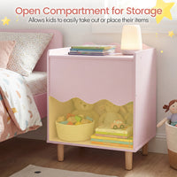 Kids Bedside Table, Toddler Nightstand with Wide Top & Open Compartment, Solid Rubber Wood Legs
