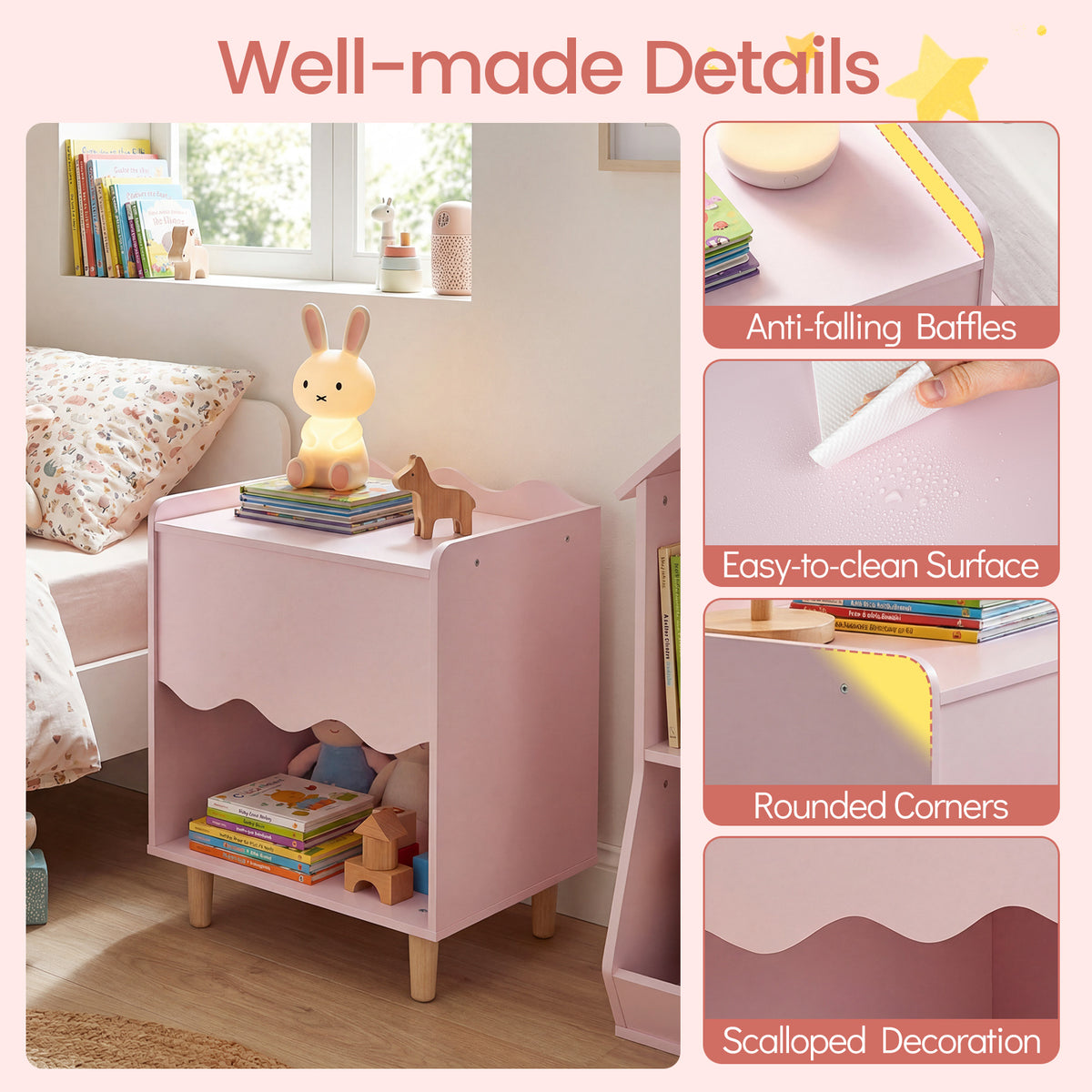 Kids Bedside Table, Toddler Nightstand with Wide Top & Open Compartment, Solid Rubber Wood Legs