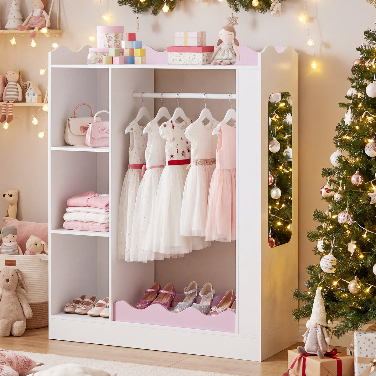 Kids Clothing Rack with Mirror, Children Dress Up Center w/Open Hanging Rack