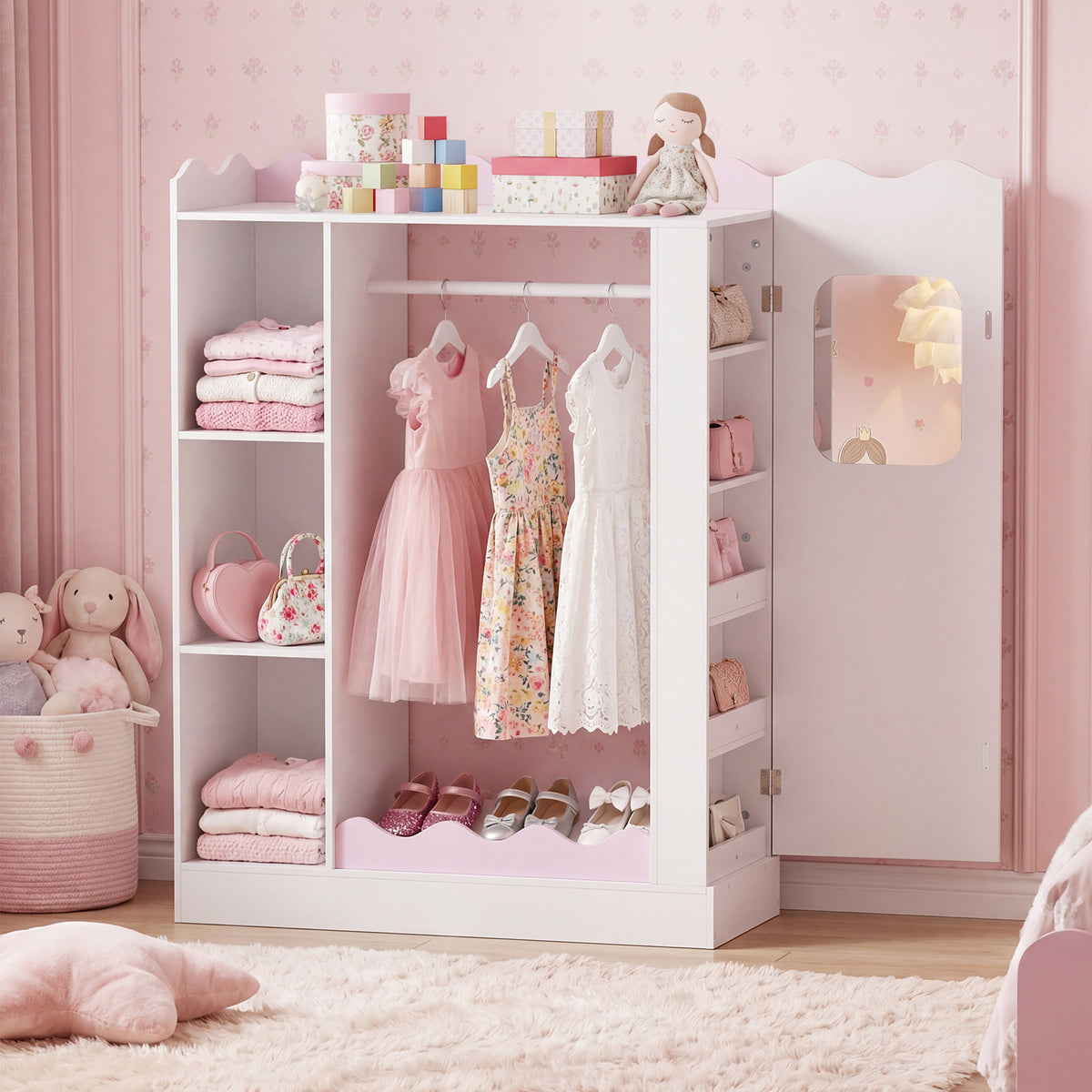 Kids Clothing Rack with Mirror, Children Dress Up Center w/Open Hanging Rack