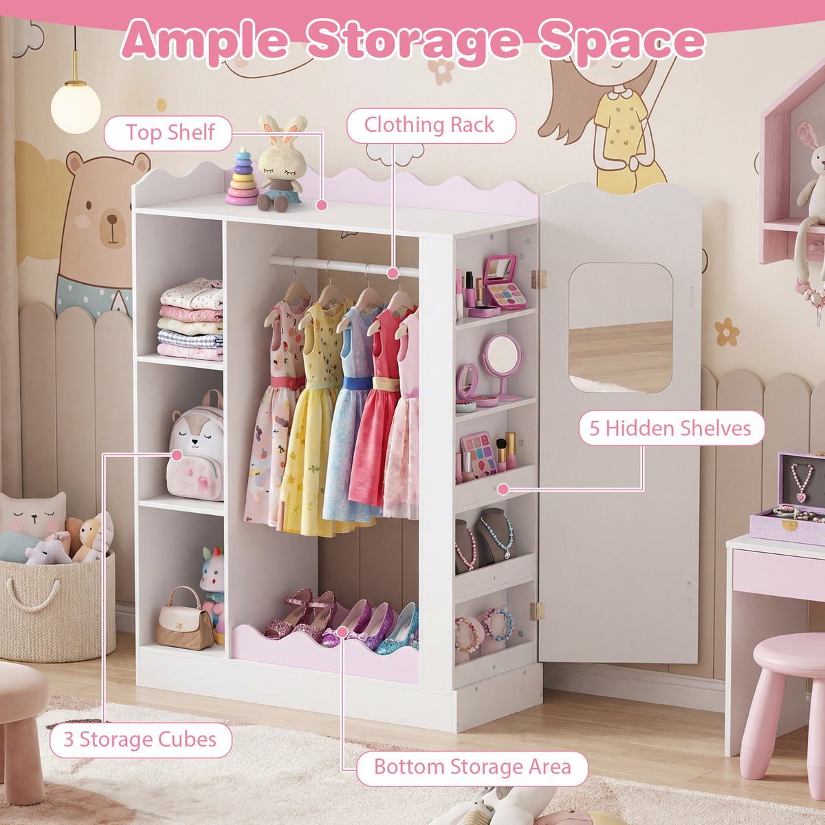 Kids Clothing Rack with Mirror, Children Dress Up Center w/Open Hanging Rack