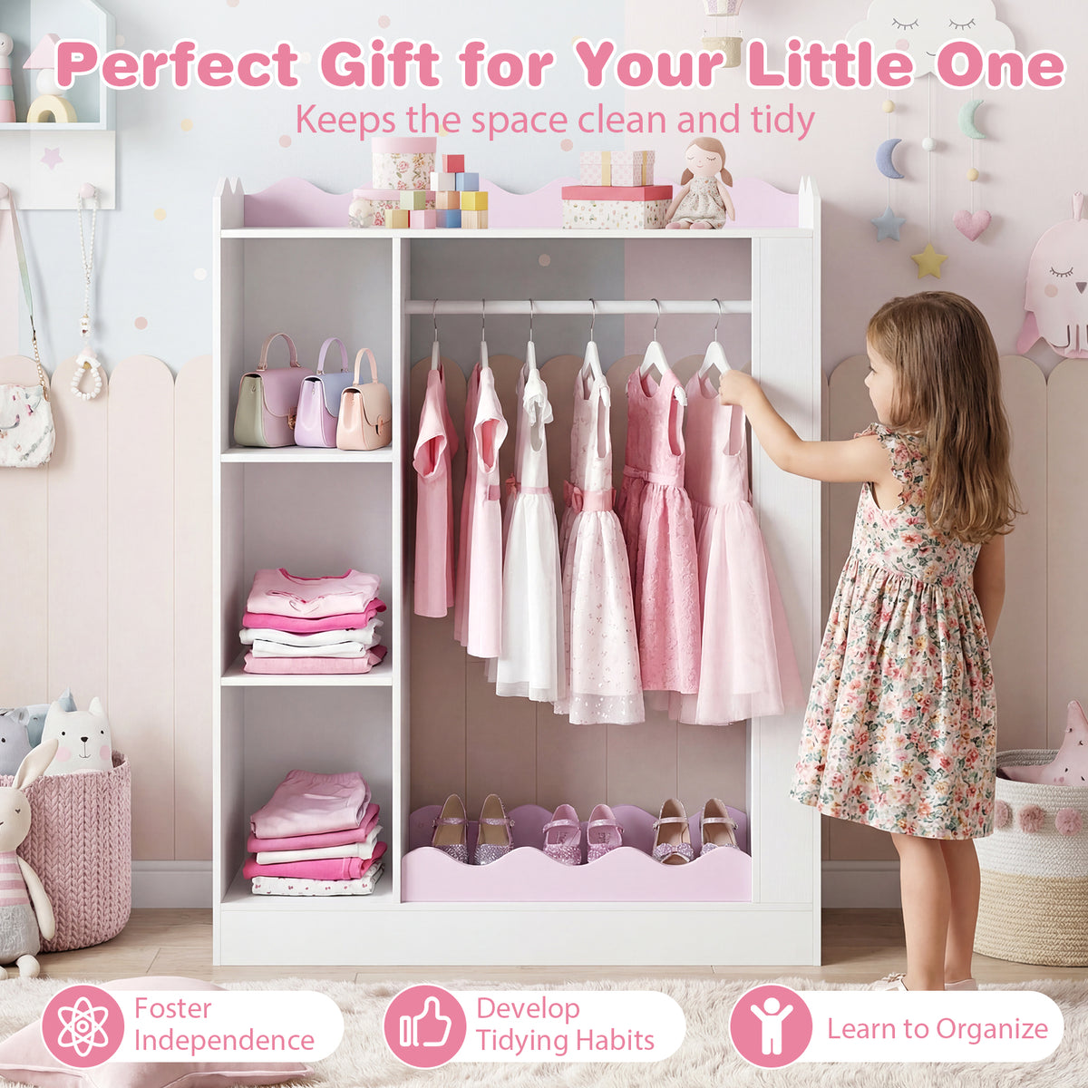 Kids Clothing Rack with Mirror, Children Dress Up Center w/Open Hanging Rack