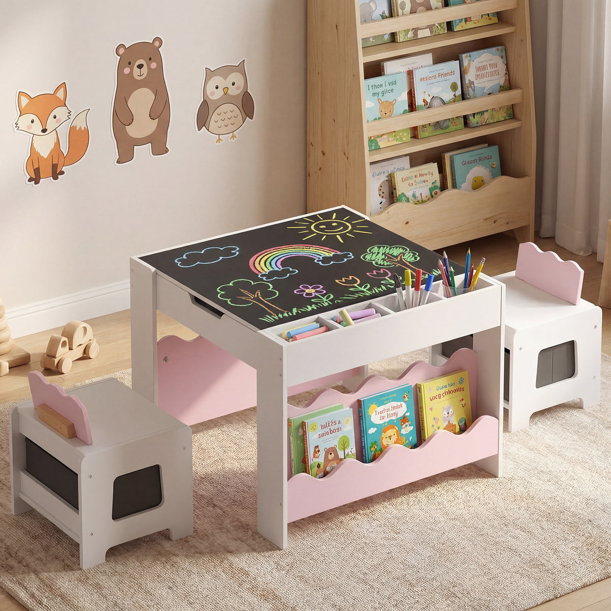 Wooden Kids Table and Chairs Set Multi-purpose Activity Table Set with Tabletop