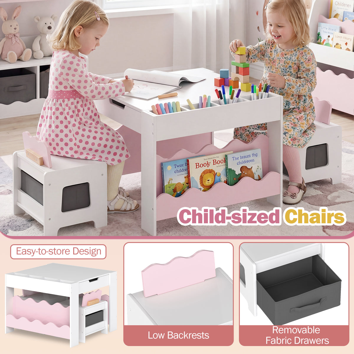 Wooden Kids Table and Chairs Set Multi-purpose Activity Table Set with Tabletop