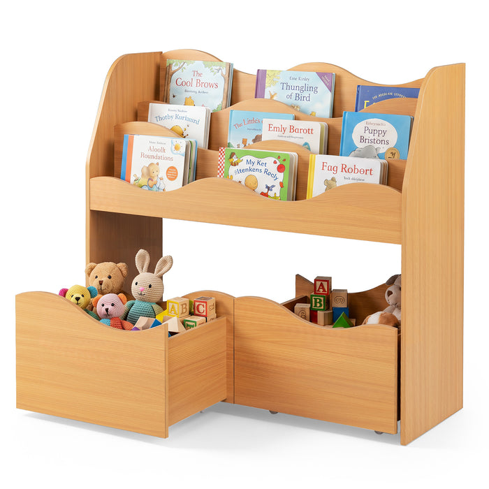 Kids Toy Storage Organizer, Wooden Montessori Bookshelf with 2 Rolling Drawers, Toddler Storage Cabinet