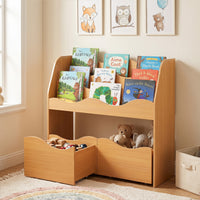 Kids Toy Storage Organizer, Wooden Montessori Bookshelf with 2 Rolling Drawers, Toddler Storage Cabinet