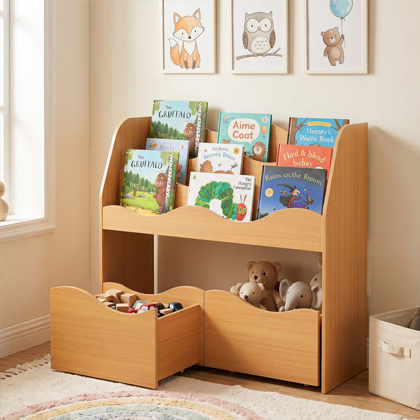 Kids Toy Storage Organizer, Wooden Montessori Bookshelf with 2 Rolling Drawers, Toddler Storage Cabinet