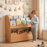 Kids Toy Storage Organizer, Wooden Montessori Bookshelf with 2 Rolling Drawers, Toddler Storage Cabinet