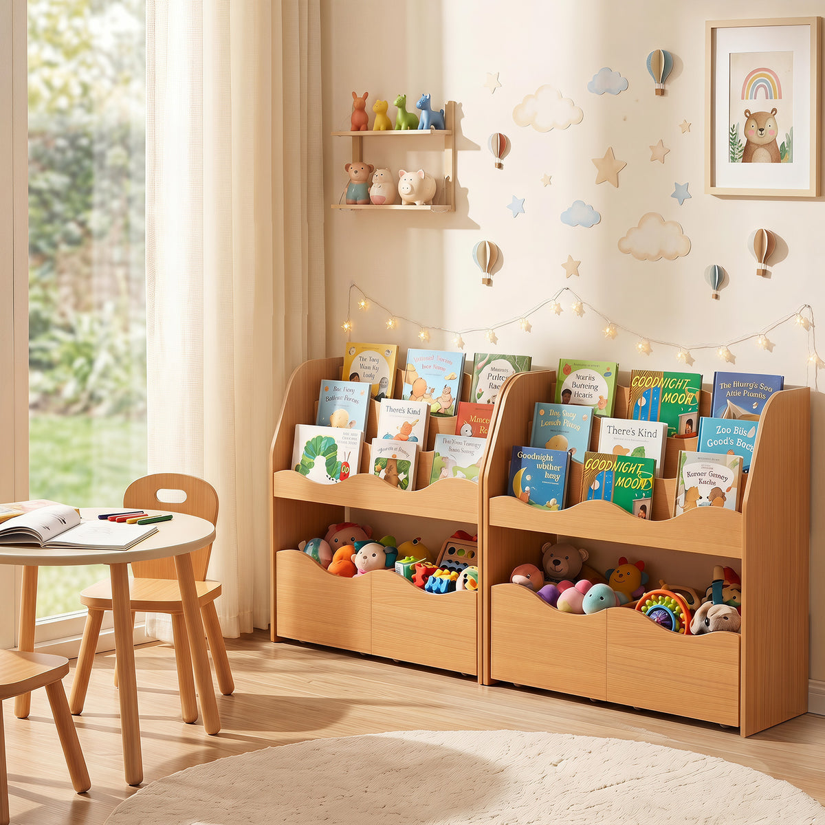 Kids Toy Storage Organizer, Wooden Montessori Bookshelf with 2 Rolling Drawers, Toddler Storage Cabinet