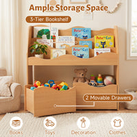 Kids Toy Storage Organizer, Wooden Montessori Bookshelf with 2 Rolling Drawers, Toddler Storage Cabinet